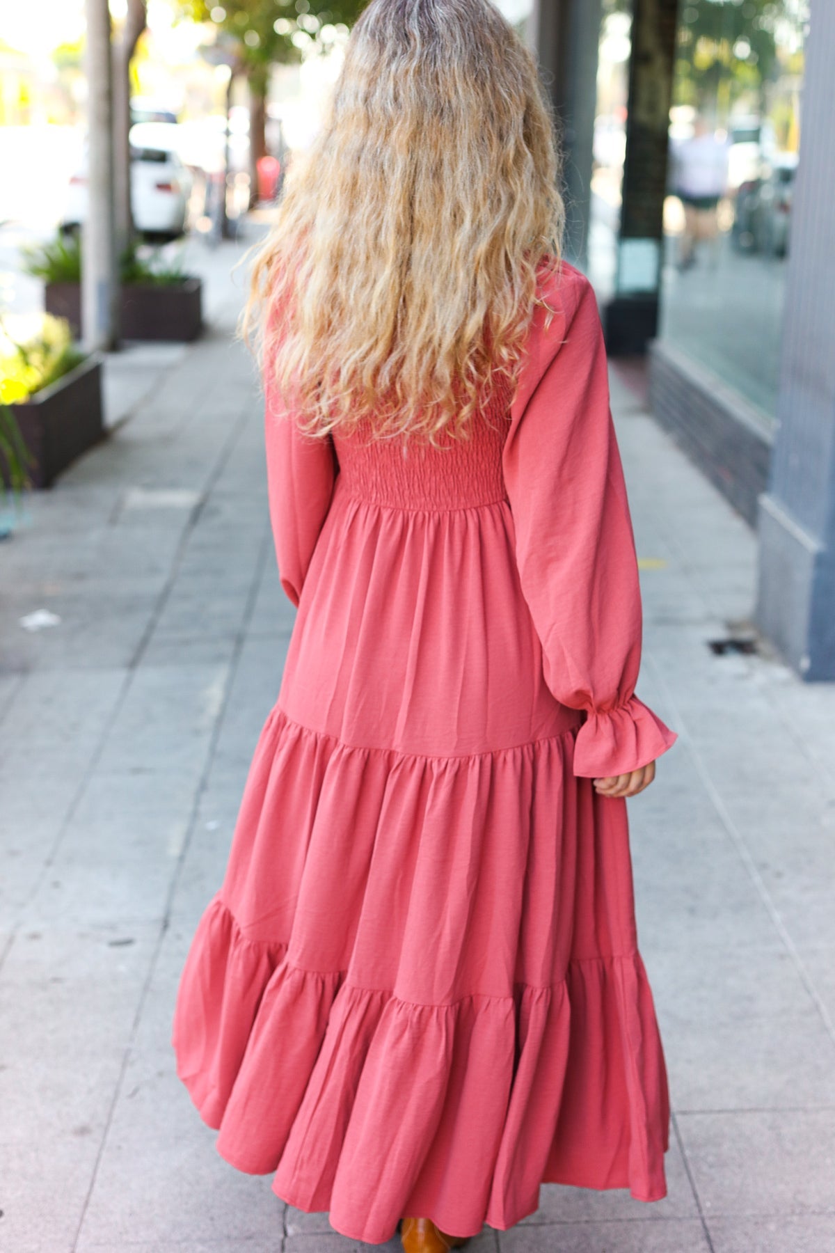 Beautiful You Lock Eyes Marsala Smocked Ruffle Sleeve Maxi Dress