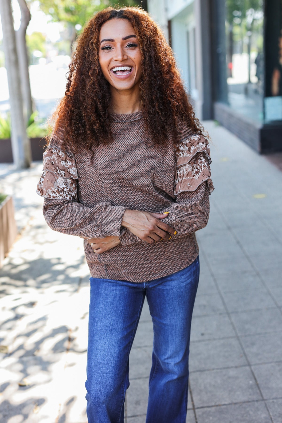 Fall Diva Brown Two Tone Knit Floral Print Frill Detail Sweater