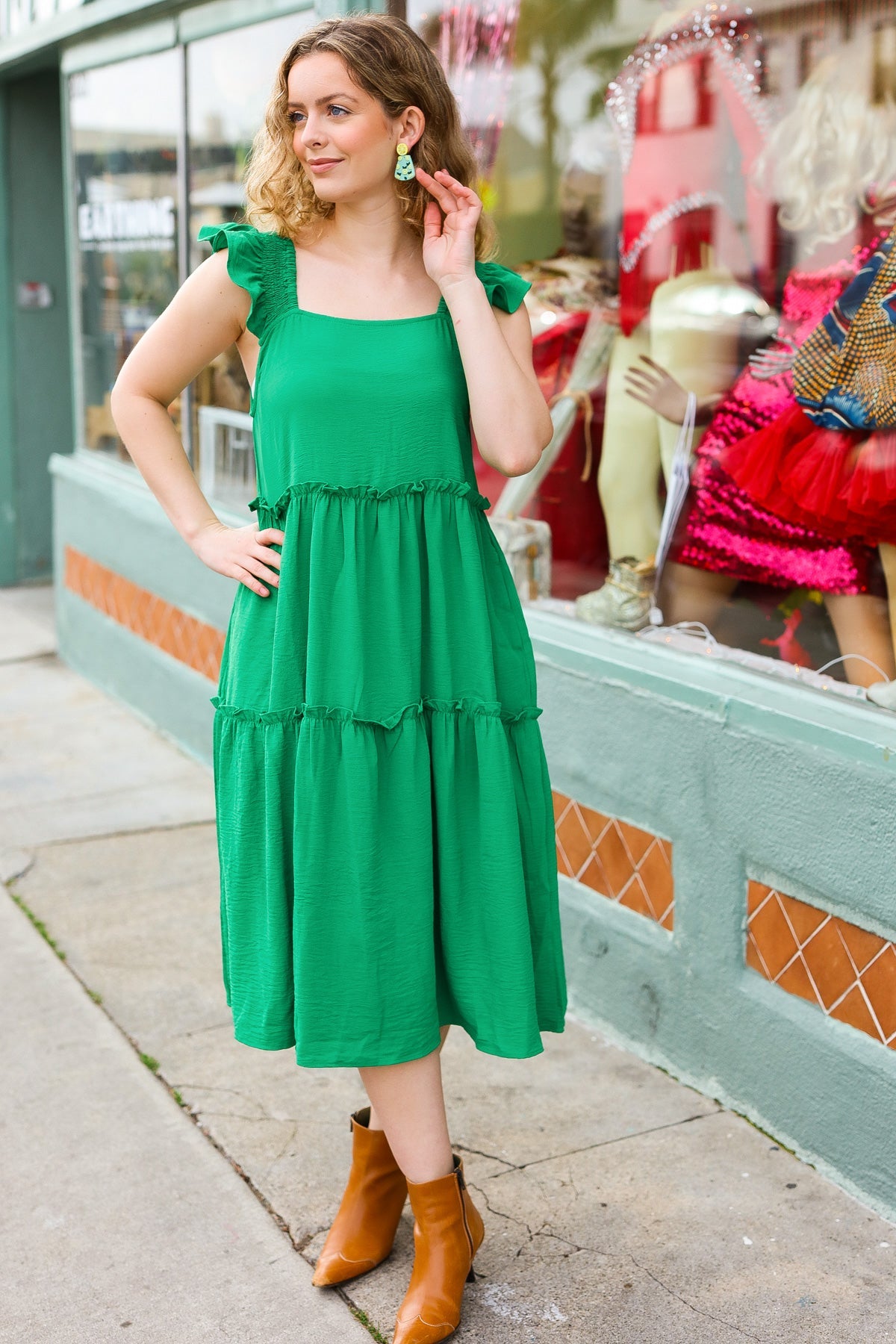 Lots To Love Kelly Green Smocked Flutter Sleeve Tiered Midi Dress