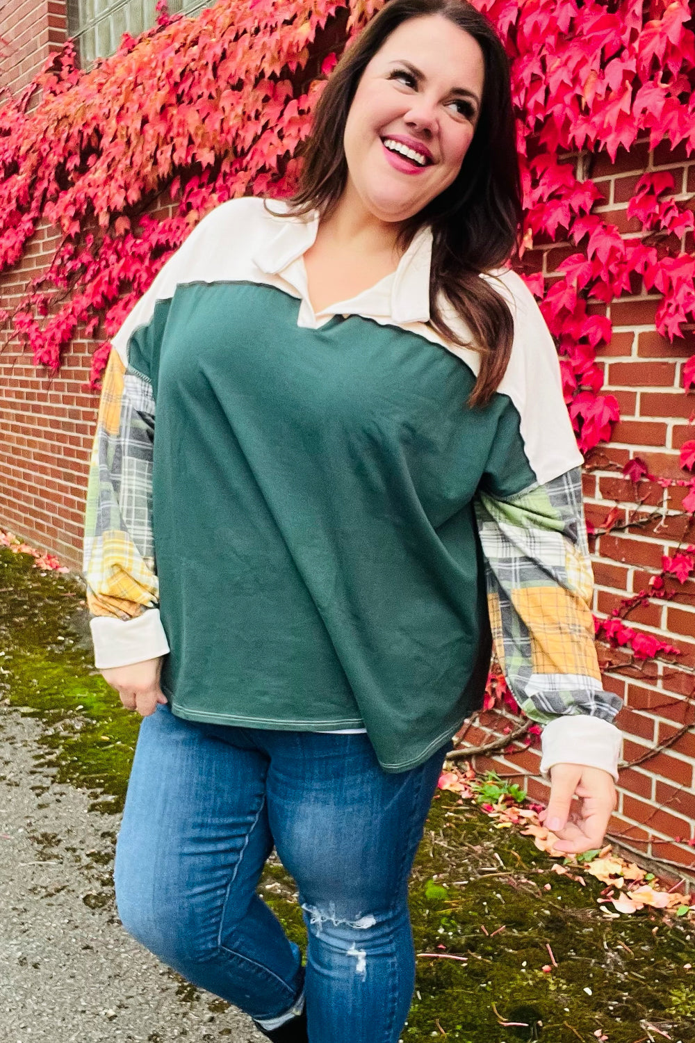 Fall For You Hunter Green Plaid Color Block Collared Terry Top