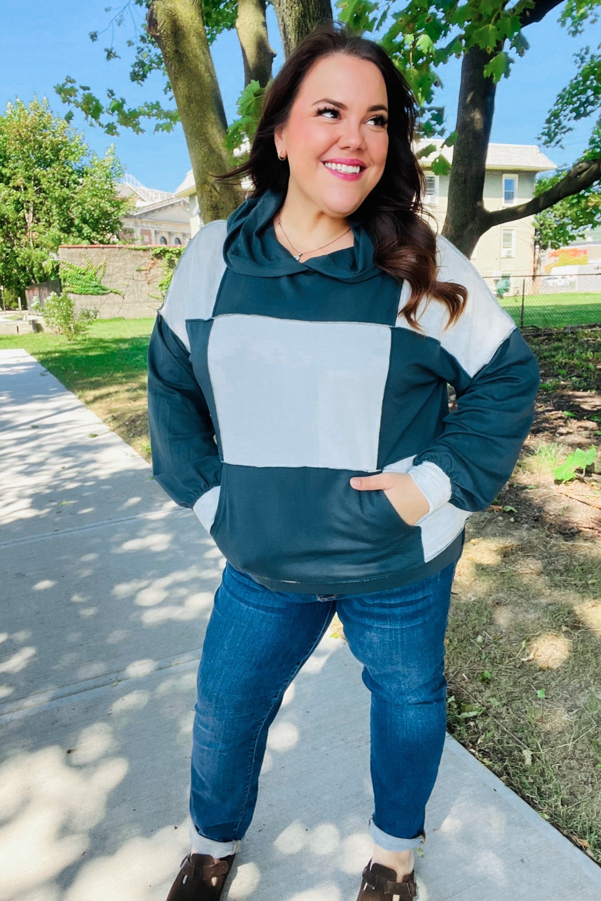 Adorable In Hunter Green Color Block Check Print Terry Hoodie